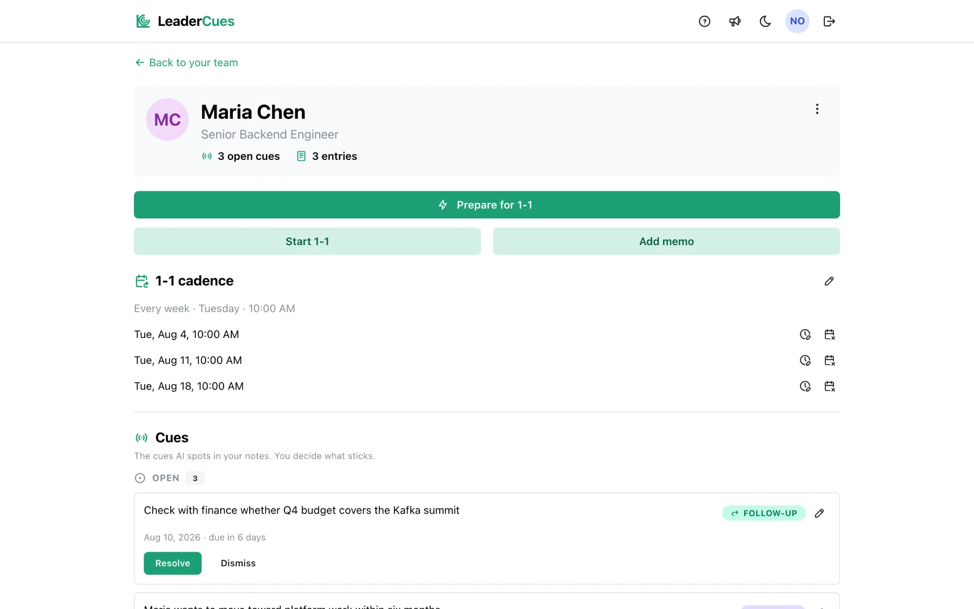 LeaderCues person card for Maria Chen with prep actions and 1-1 cadence