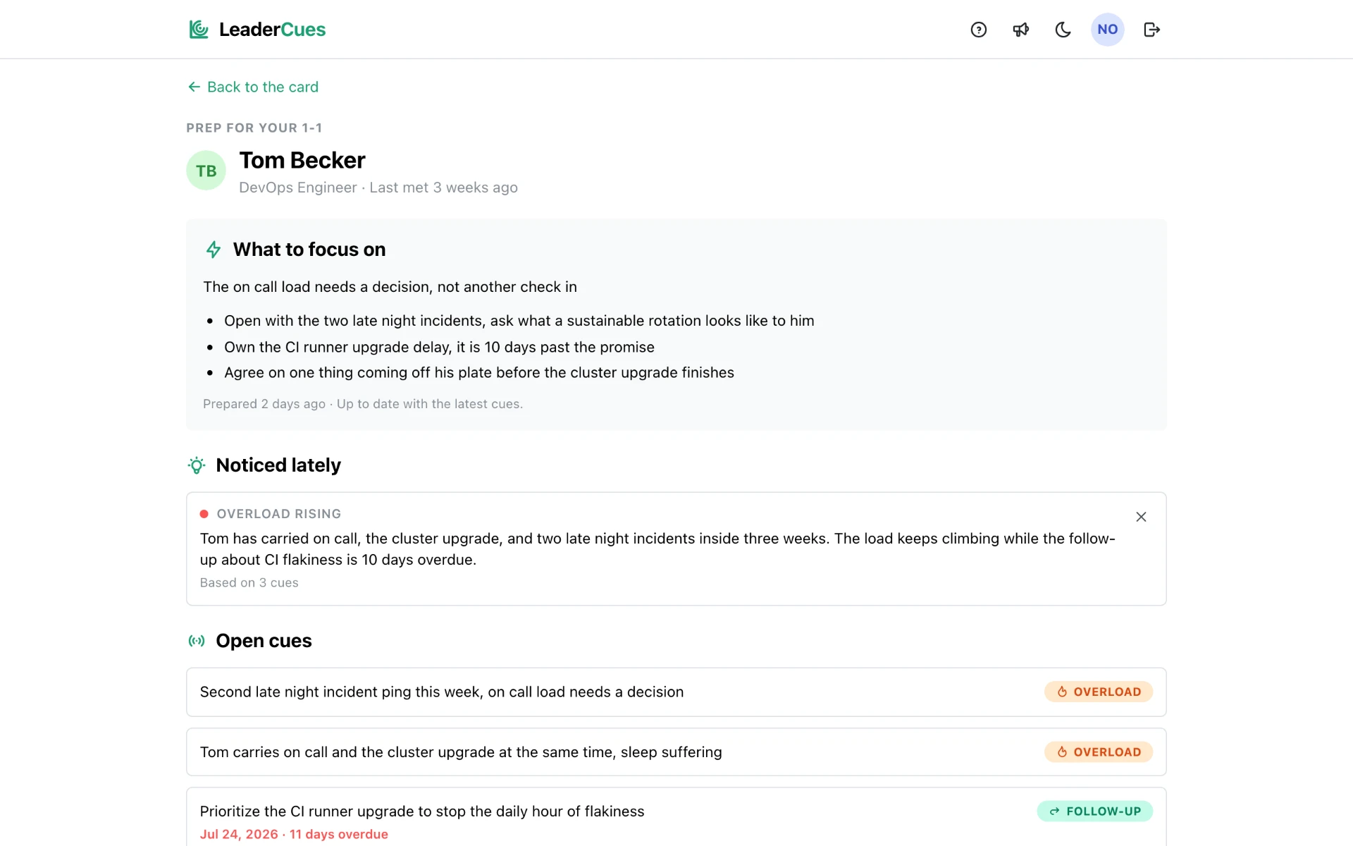 LeaderCues prep screen highlighting rising overload for a DevOps engineer