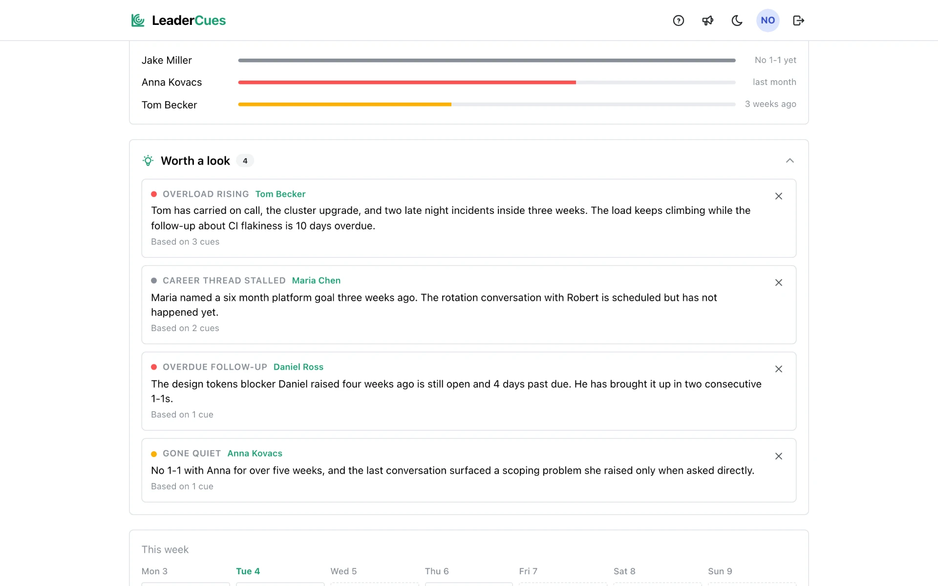 LeaderCues insights list with overload, stalled career thread and overdue follow-up cards