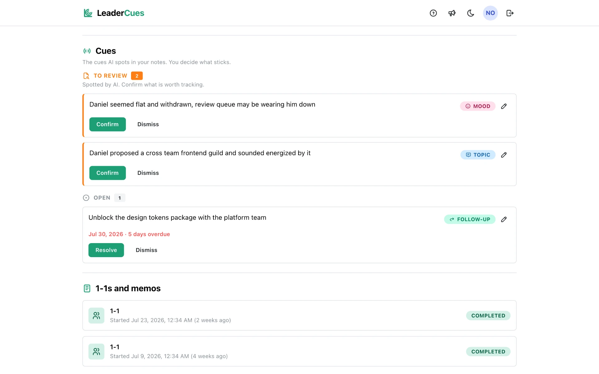 LeaderCues cue review screen with two suggested cues awaiting confirmation